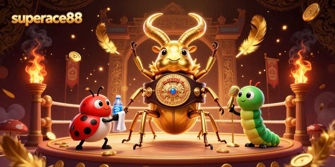 Engage with the superace88 thrill as a golden stag beetle competes in a vibrant gaming arena.