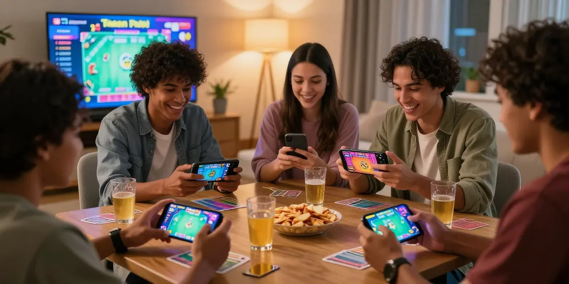 Exciting friends enjoying a card game download on mobile devices in a cozy living room, highlighting the joy of gaming.