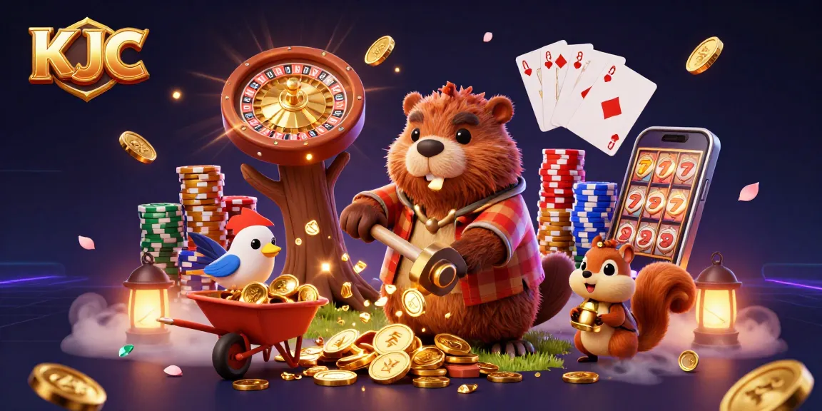 KJC empowers players to win big, showcasing cartoon characters amidst golden coins and vibrant casino elements.