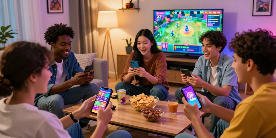 Friends enjoying Jai Club gaming app on smartphones in a lively room