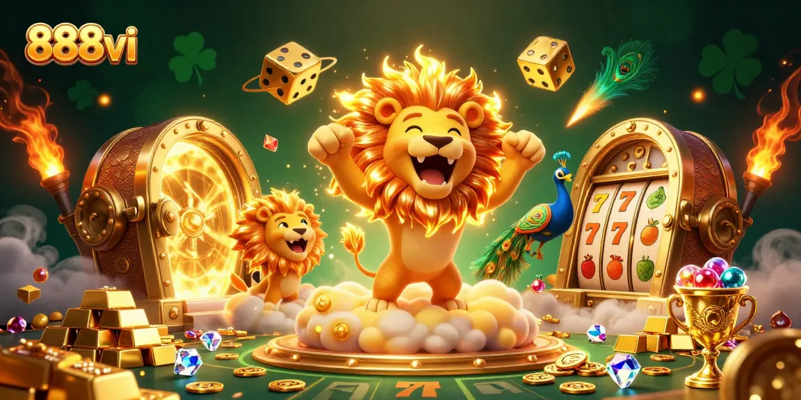 Experience the thrill of winning with 888vi, featuring roaring lion and dazzling gems in a casino scene.