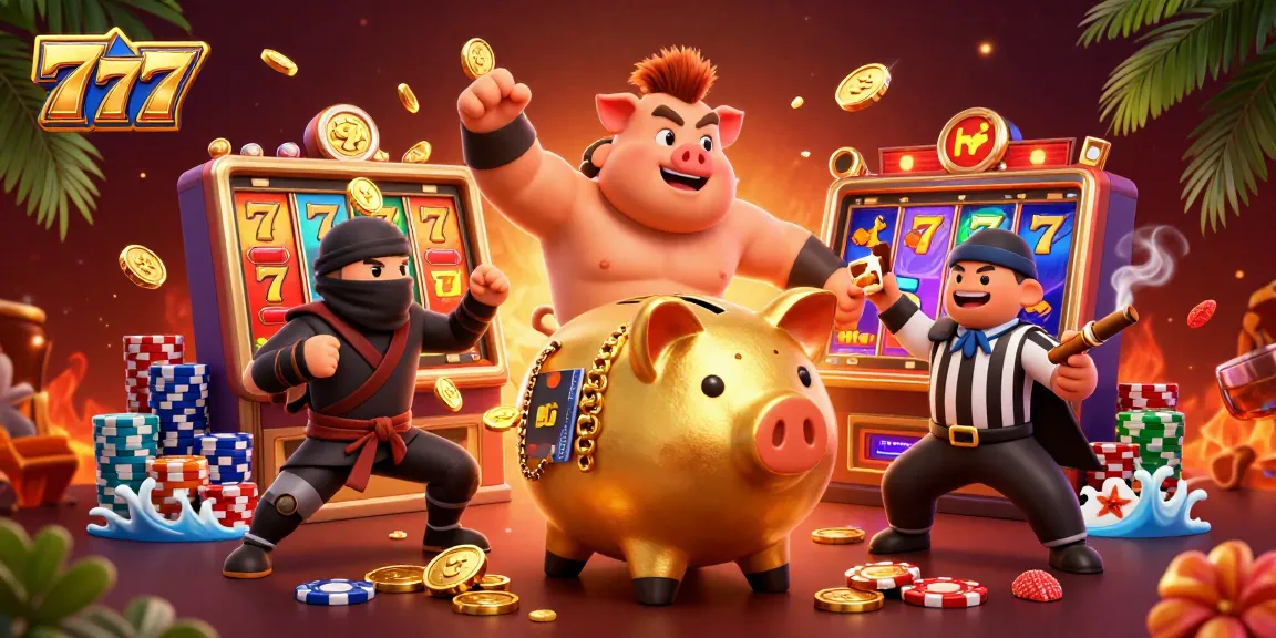 Engage with lucky 777 casino excitement featuring a golden piggy bank sumo wrestler amidst colorful slot reels.