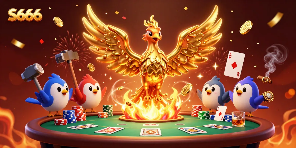 Experience thrilling wins at S666 with a dynamic golden phoenix emerging in a vibrant casino scene.