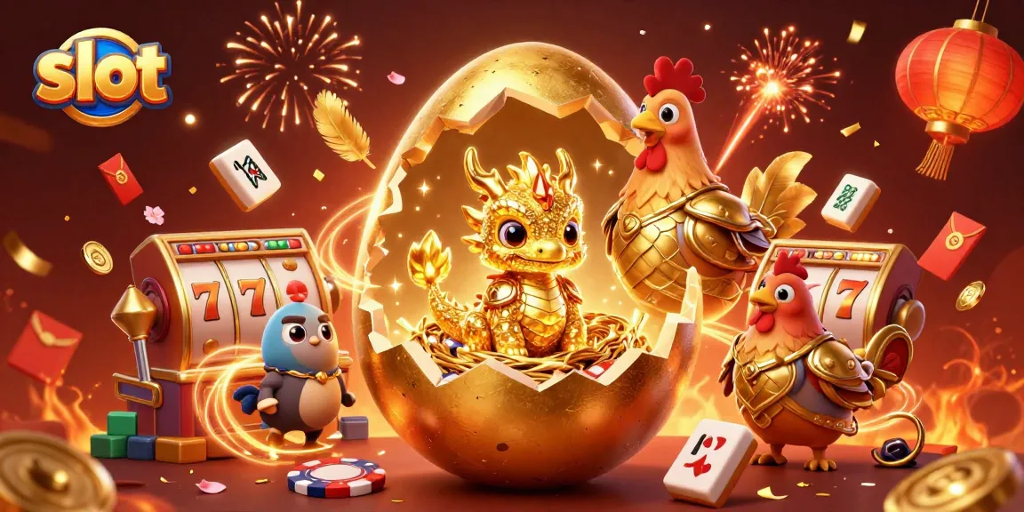 Menangkan slot dengan ilustrasi naga emas dan simbol keberuntungan yang dikelilingi hiasan meriah.