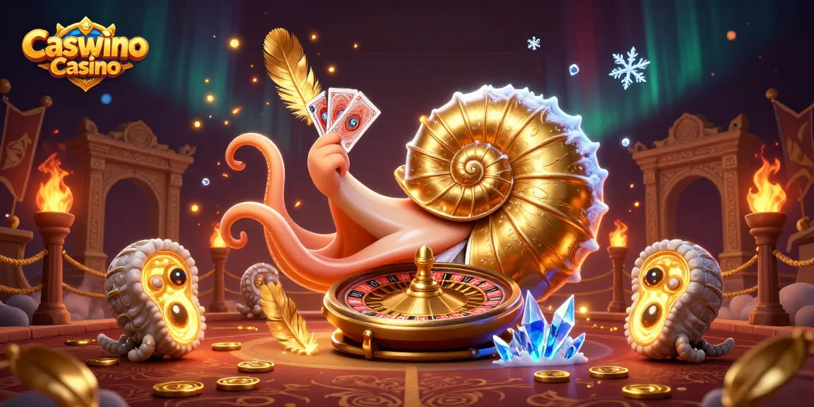 Experience the thrill of Caswino Casino with a vibrant 3D illustration of an ancient nautilus and golden game elements.