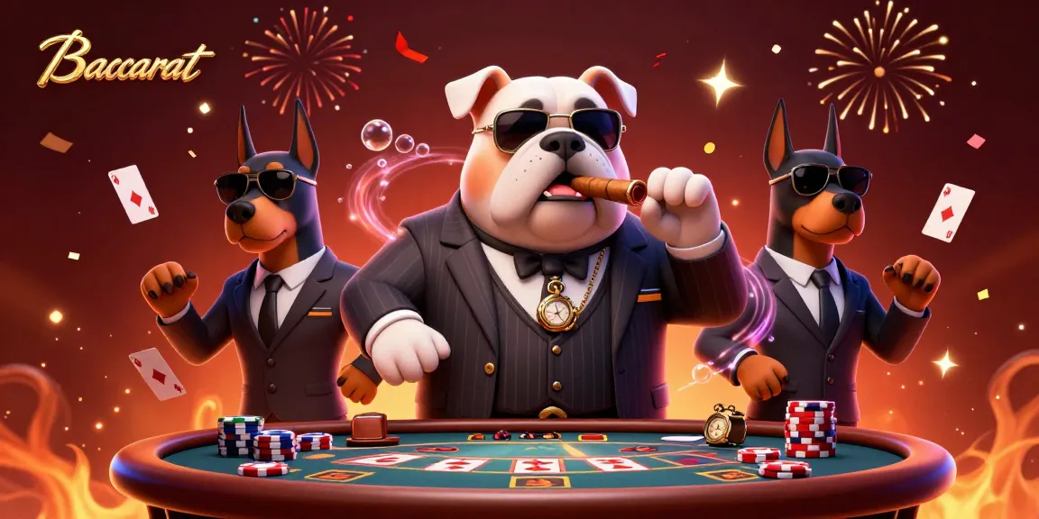 Baccarat scene with a cartoon bulldog and Dobermans at a casino, surrounded by lively gaming elements.
