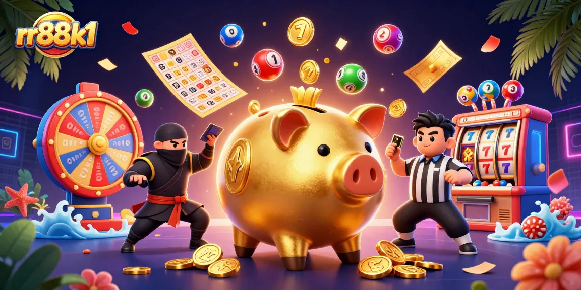 rr88k1 showcases a vibrant casino scene with a sumo wrestler and colorful lottery elements for immersive fun