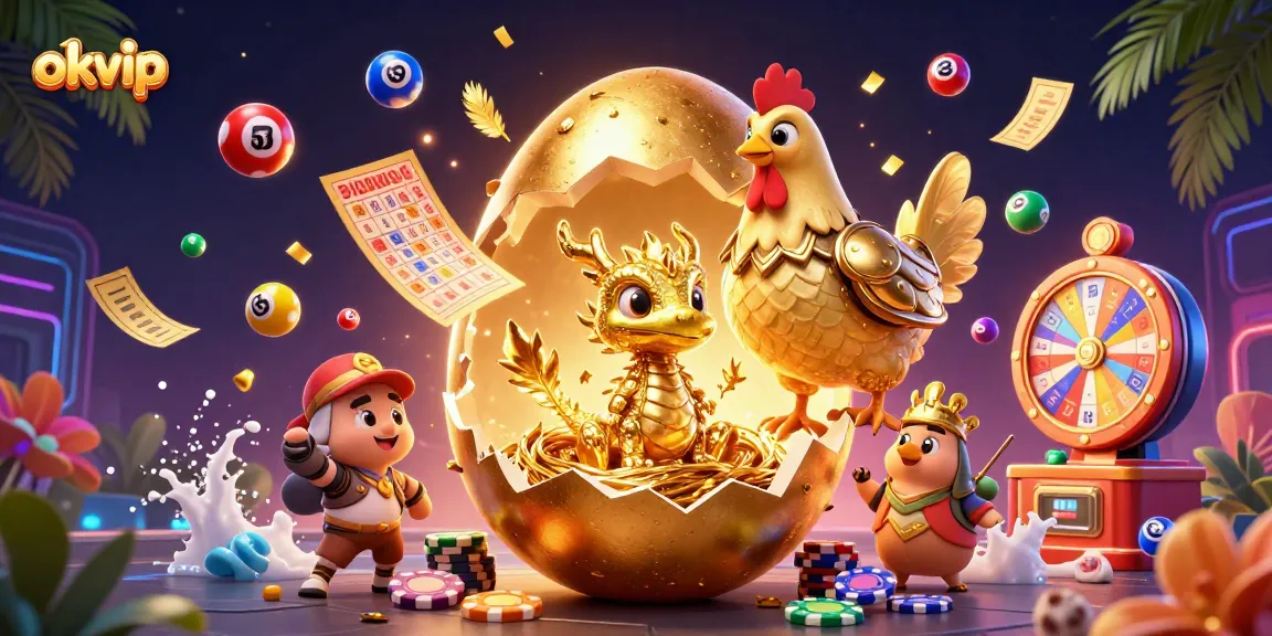 Experience excitement with okvip's energetic 3D casino scene featuring a treasure dragon and playful lottery elements.