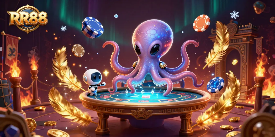 Engage with the thrilling RR88 gambling experience featuring an alien octopus and poker action.