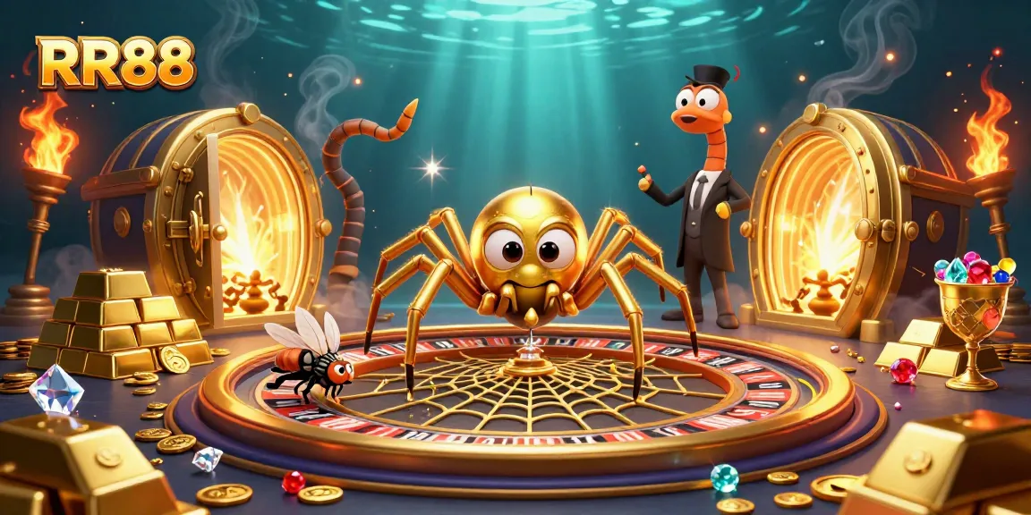 Experience thrilling bets at RR88 with cartoon characters amidst a vibrant casino adventure full of treasures.