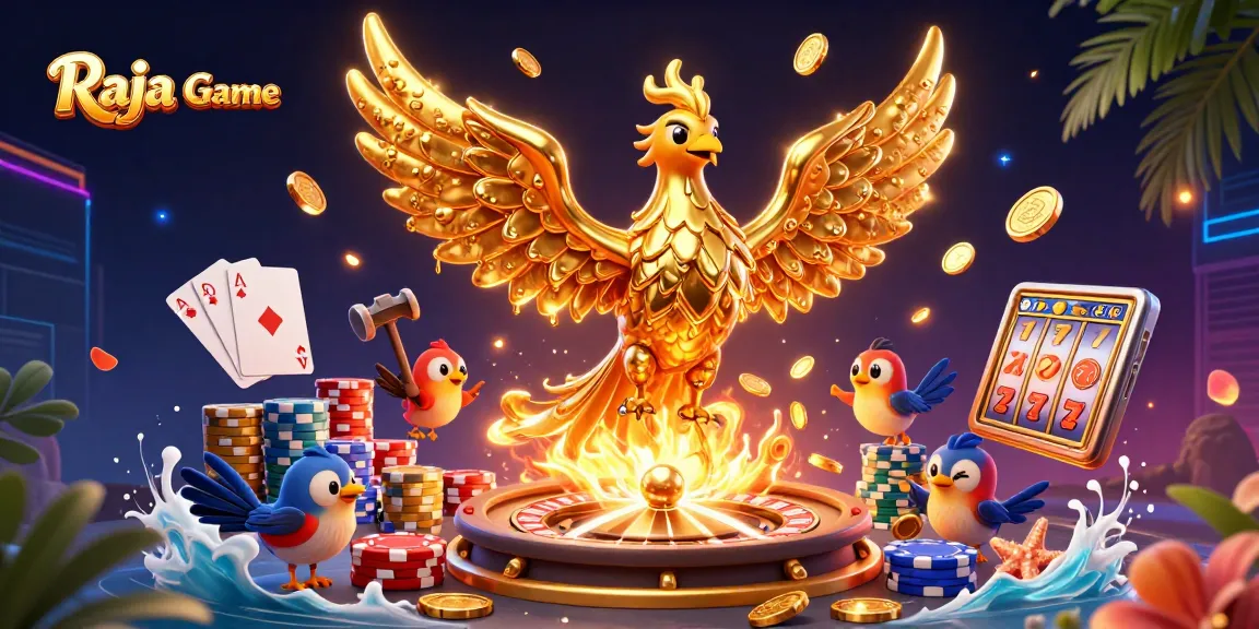 Experience winning opportunities with Raja Game's vibrant 3D casino illustration showcasing casino elements.