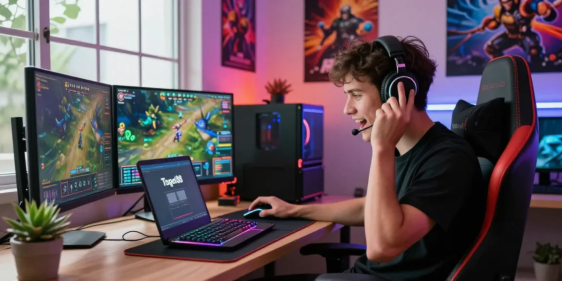 Togel88 Me Login featuring an engaged young adult in a cozy gaming workspace with vibrant lighting and modern accessories.