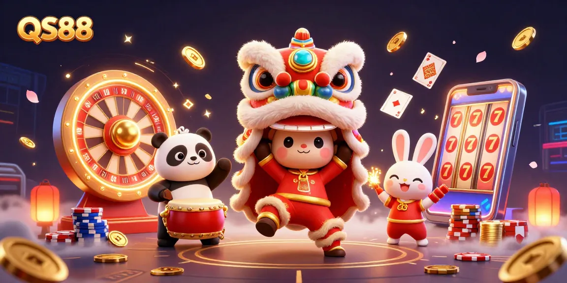 Experience the excitement of QS88 with vibrant characters and dynamic casino elements in a lively illustration.