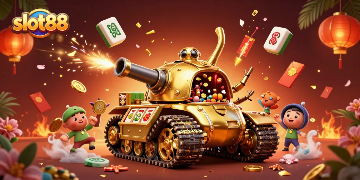 Slot88 menampilkan ilustrasi kasino mini dalam tank kalajengking berwarna emas dengan permainan slot yang memikat.