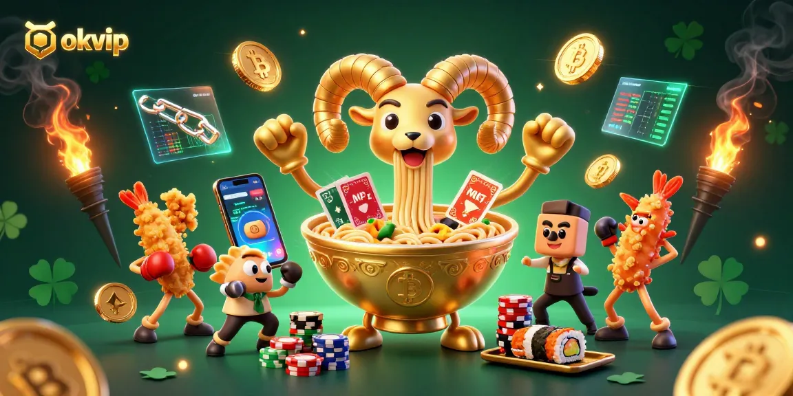 Engage with the vibrant world of okvip as a giant ramen bowl deals cards, illuminated by crypto coins and dynamic game elements.