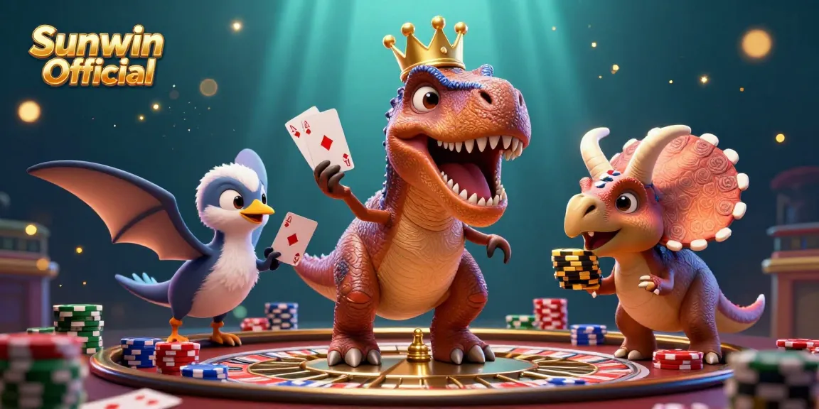 Engage with the Sunwin Official casino scene featuring a T-Rex shuffling cards, surrounded by vibrant casino elements.