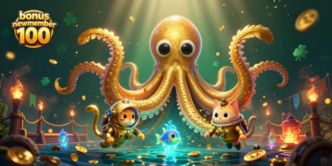 Experience the thrill of bonus new member 100 as a kraken rises alongside a diving cat in a vibrant underwater scene.
