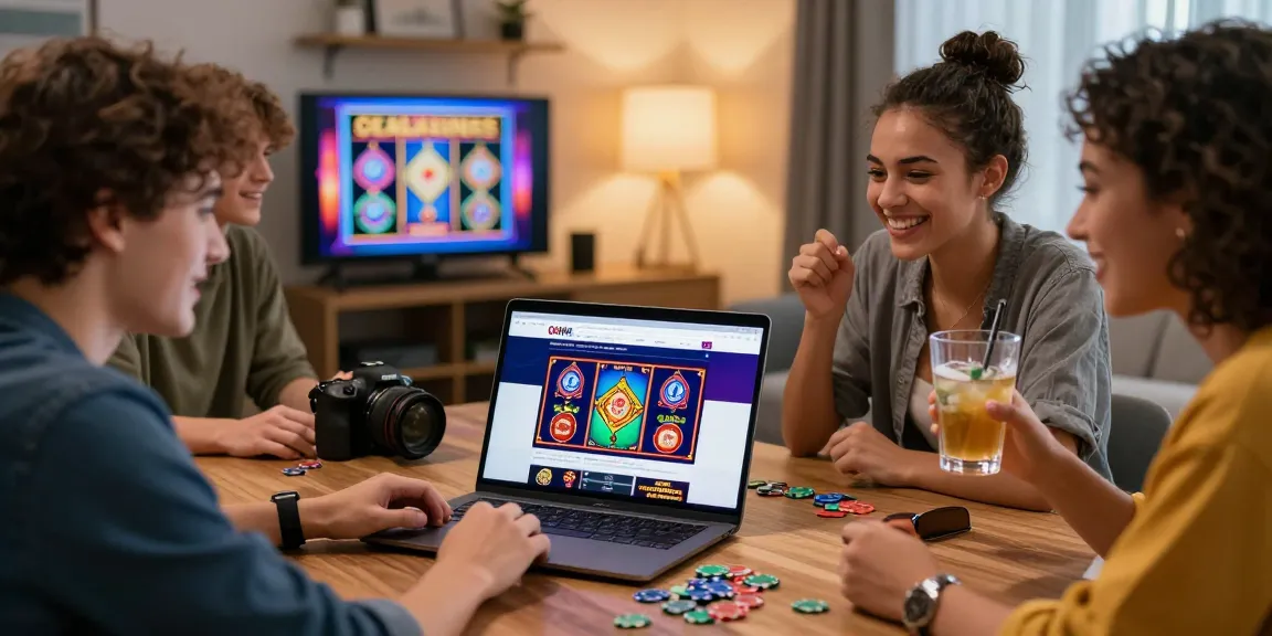 Engaged friends exploring new online casinos UK in a cozy living room, showcasing an exciting gaming atmosphere.
