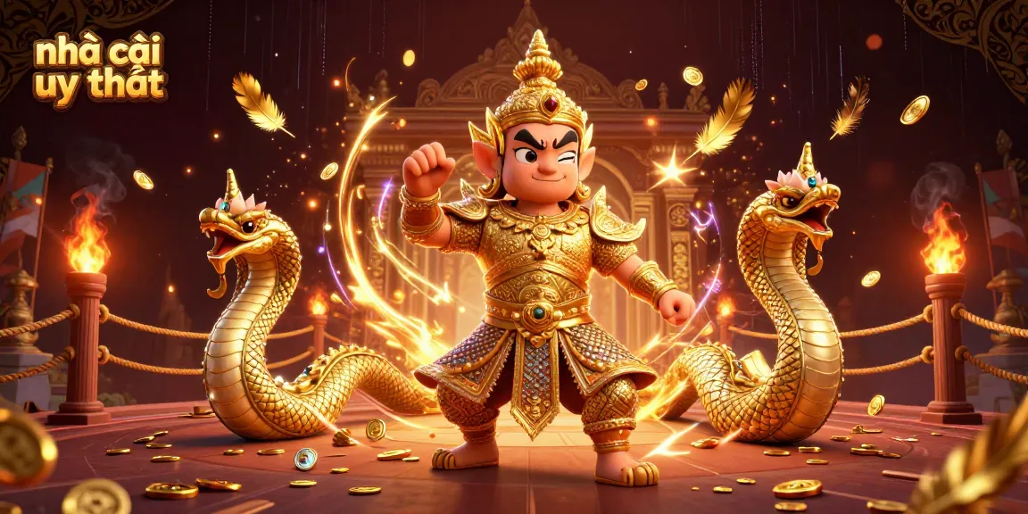 Engage with nhà cái uy tín in this vibrant casino scene featuring a Thai temple guardian and Naga serpents.