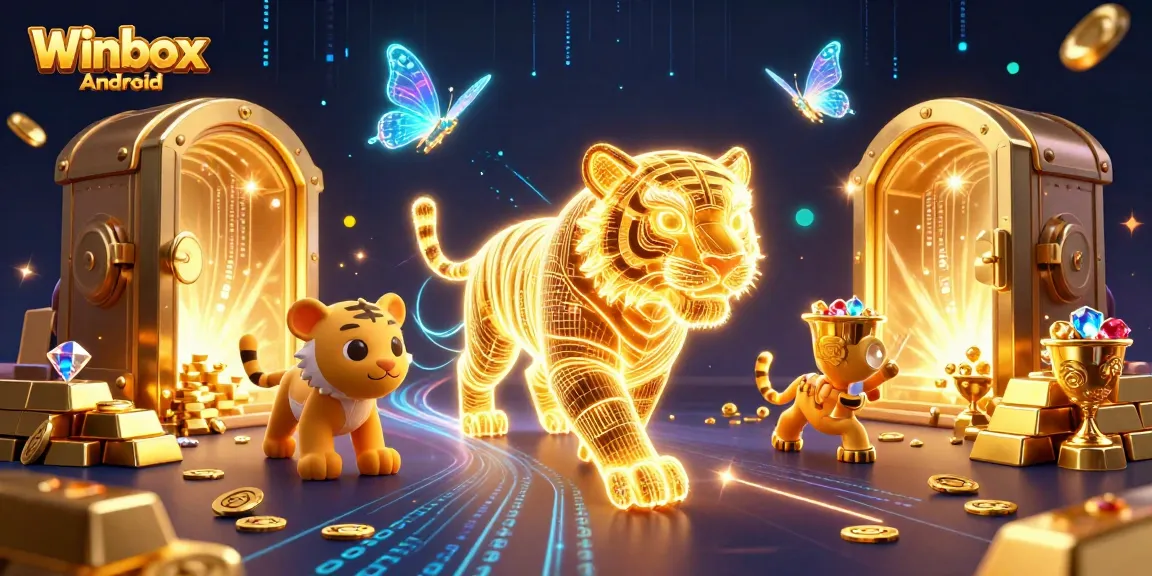 Spin and win with the Winbox Android app set in a dazzling digital casino landscape.
