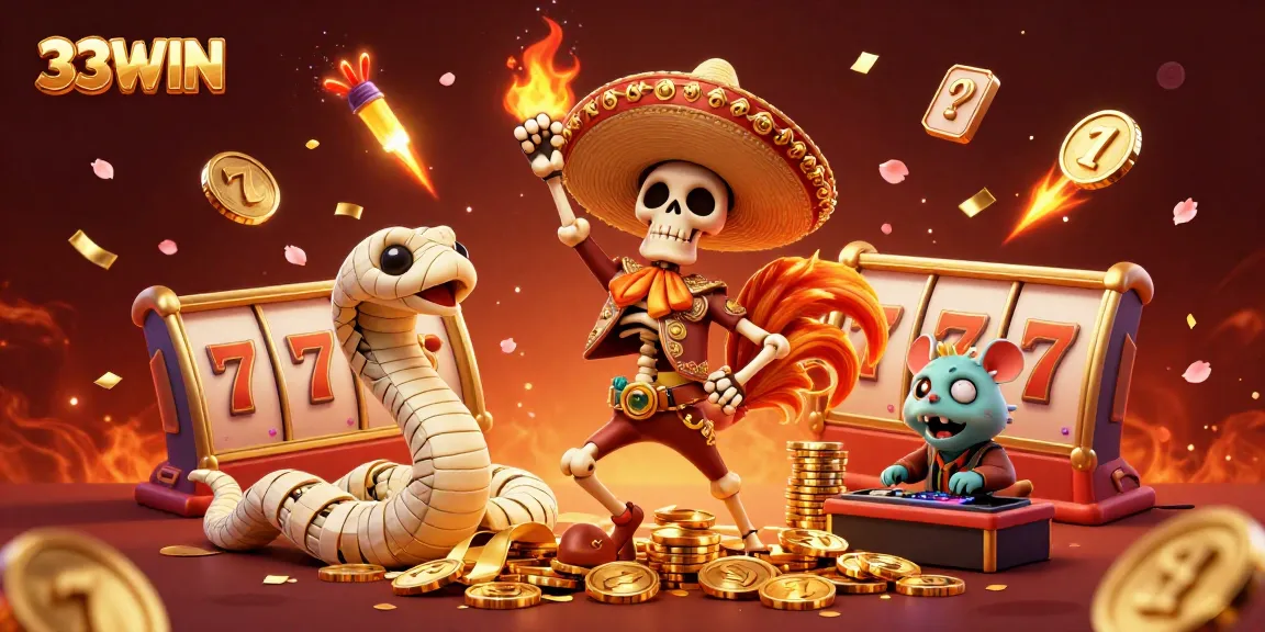 Experience the vibrant excitement of 33WIN casino with a dancing skeleton and joyous characters amidst slots and jackpot elements.