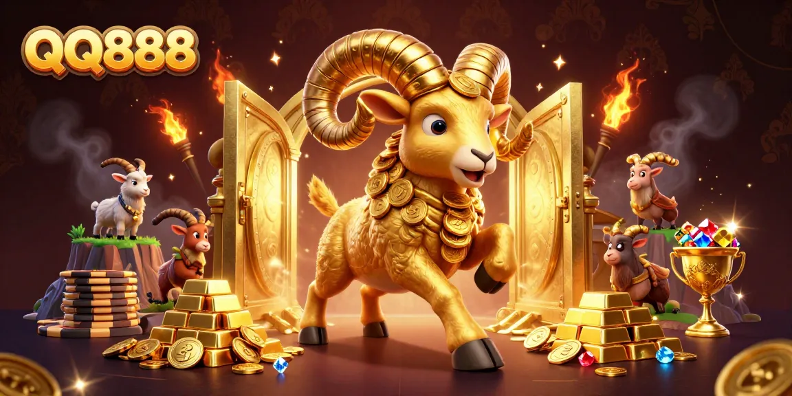 Experience exciting wins at QQ888, featuring a golden ram amidst treasure in a dynamic casino scene.