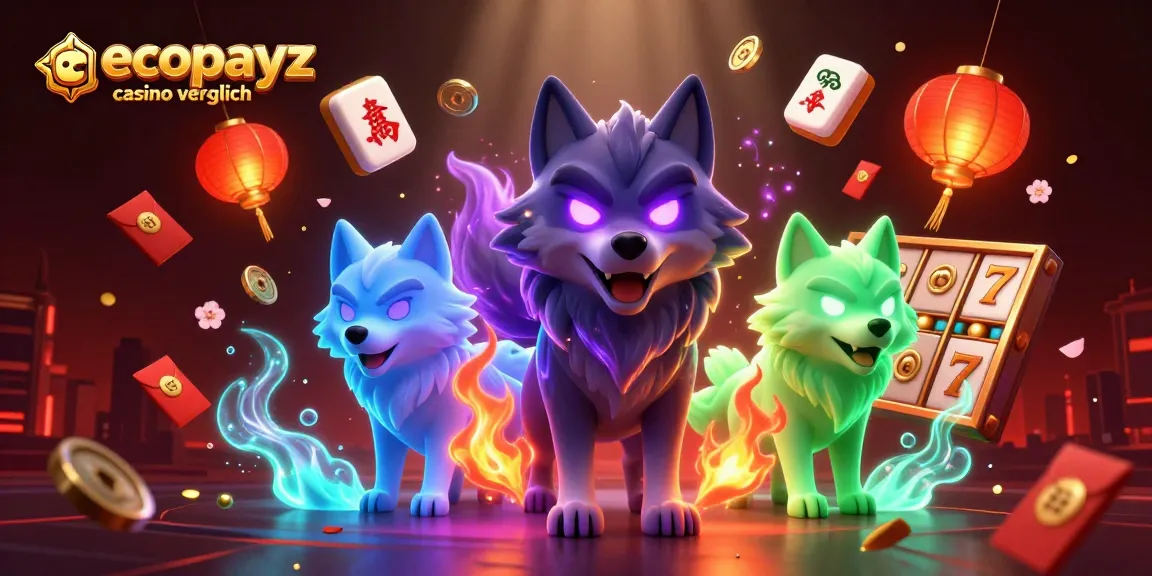 Ecopayz casino vergleich features a pack leader wolf with glowing eyes amidst casino elements.
