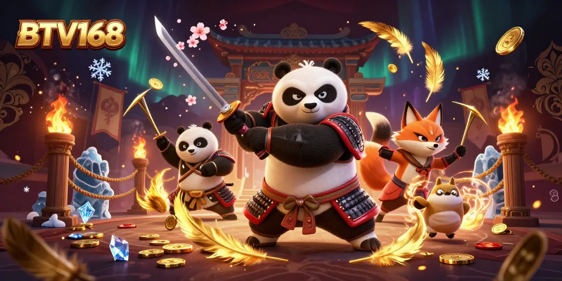 BTV168 captures the fierce action of a samurai panda and ninja fox in a vibrant casino environment.