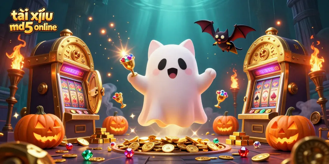Experience winning at tài xỉu md5 online with a vibrant, ghostly casino illustration showcasing dynamic elements.