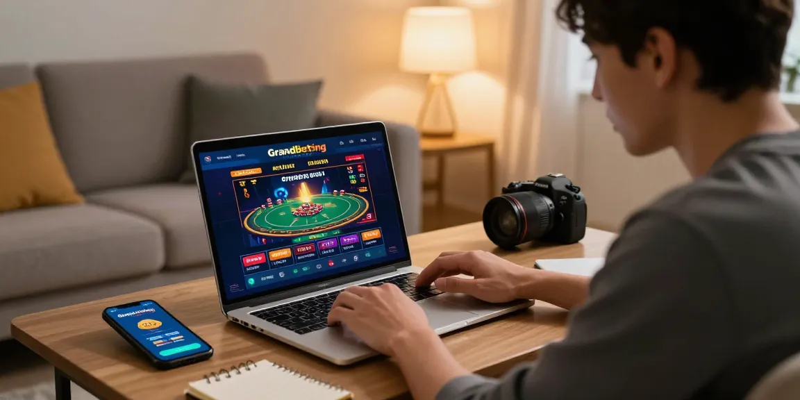 Engaging with Grandbetting online in a cozy living room, laptop, smartphone, and notepad visible.