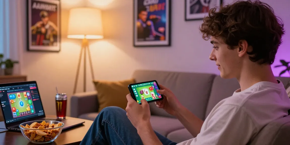 Young adult playing Card Rummy app to win cash in a lively living room setup.