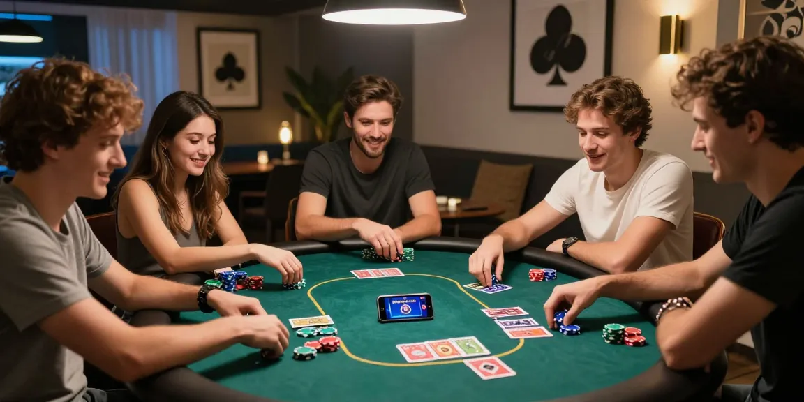 Exciting poker gathering using the Poker Game APK at https://pokergameapk.com.pk/, featuring colorful chips and cards in a lively setting.
