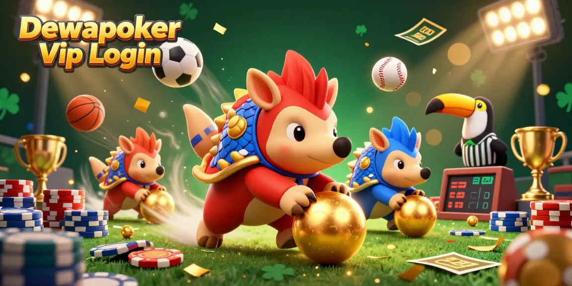 Dewapoker Vip Login animation showing rival pangolins playing poker with dynamic action elements and golden confetti.
