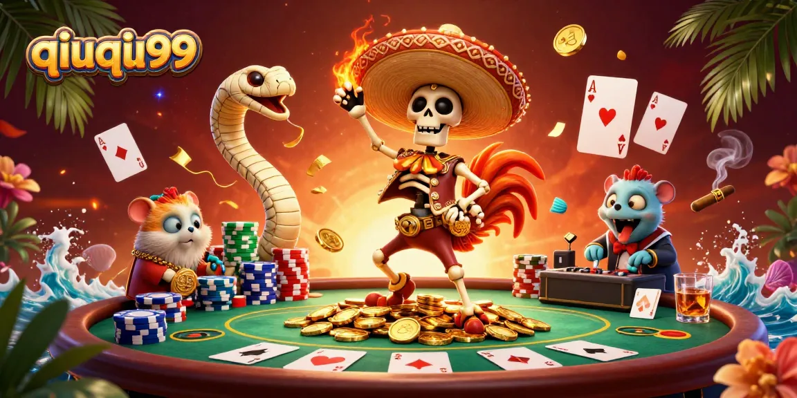 Experience thrilling victories with qiuqiu99's vibrant casino scene featuring poker elements and dynamic characters.