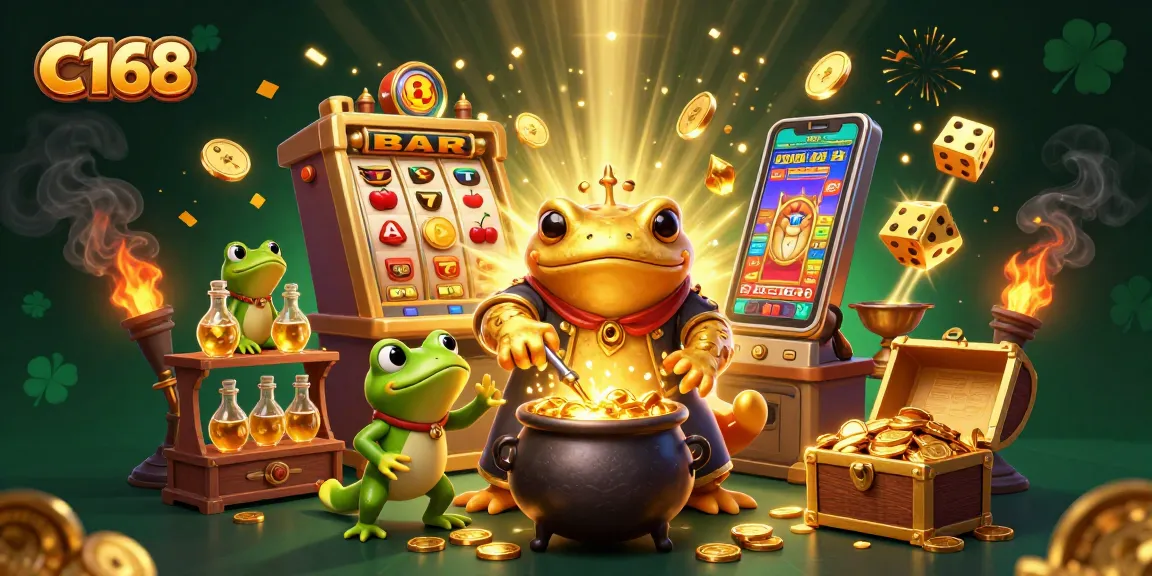 Engage with C168's magical realm, featuring alchemists and vibrant casino elements in a dynamic digital scene.