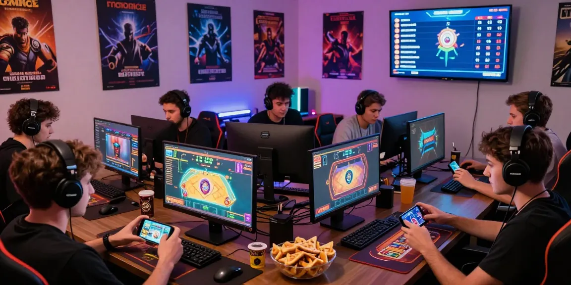 Group of players enjoying an online game with vibrant screens and gaming atmosphere.