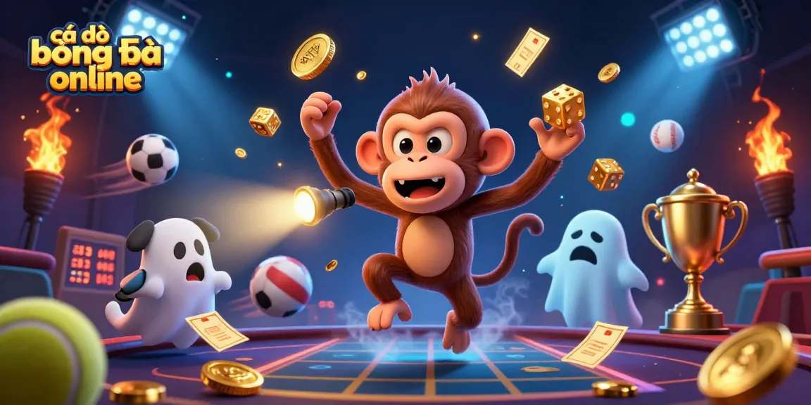 Experience cá độ bóng đá online with a playful poltergeist monkey and a curious puppy in a vibrant casino.