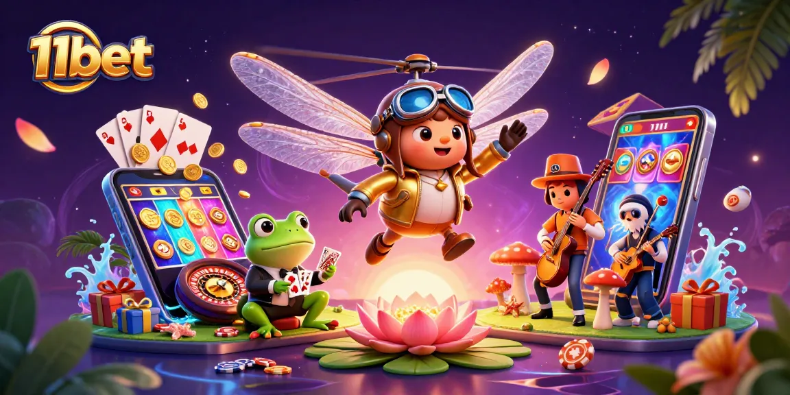 Experience vibrant action at 11bet with a dragonfly pilot and frog croupier in a lively casino scene.