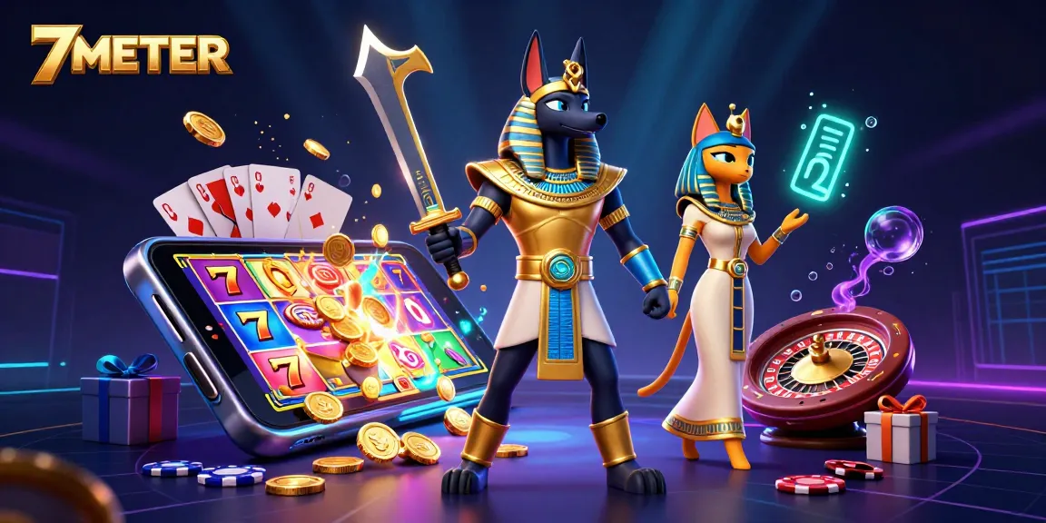7METER reveals vibrant slot game action with Anubis and Bastet amid cascading coins.