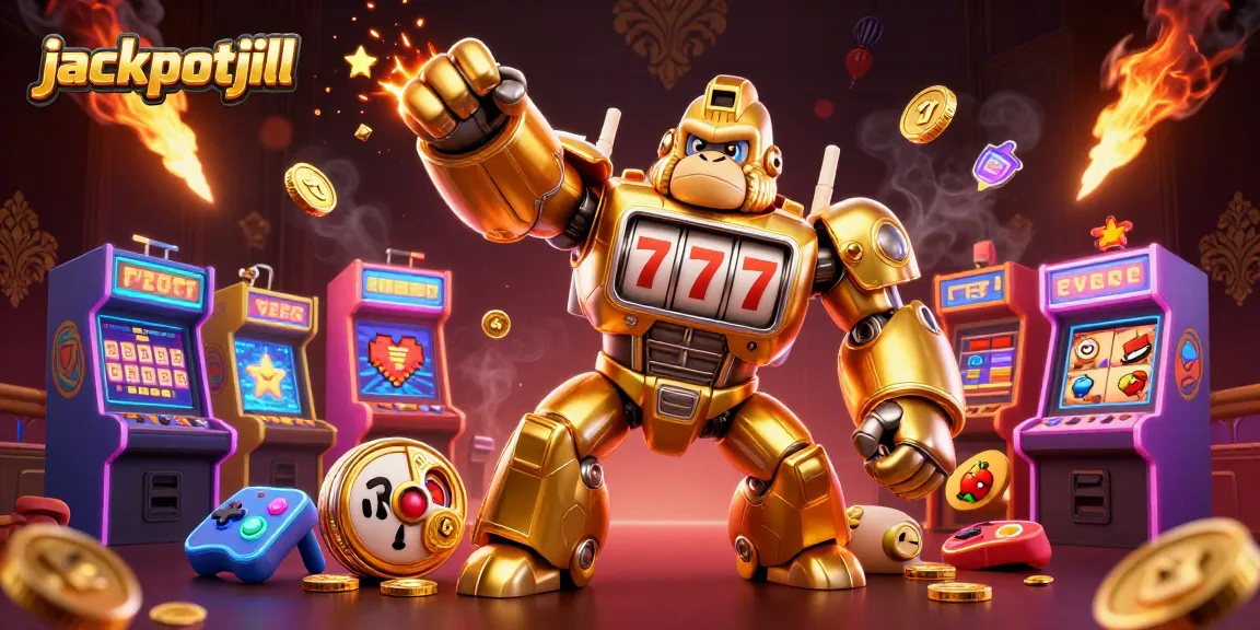 Experience excitement at jackpotjill with a dynamic illustration of a golden gorilla mech and slot machine elements.