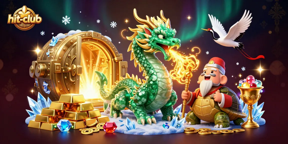 Hit-club features a jade dragon and lucky cranes amidst casino treasures and golden coins.