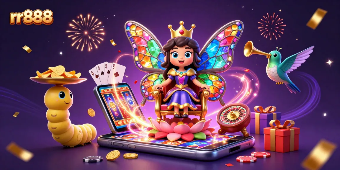 Experience an exciting gaming adventure with rr888's colorful casino illustration featuring the butterfly queen and dynamic game elements.