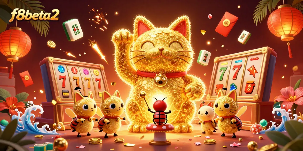 Experience the charm of f8beta2 with the lucky cat and festive casino elements.