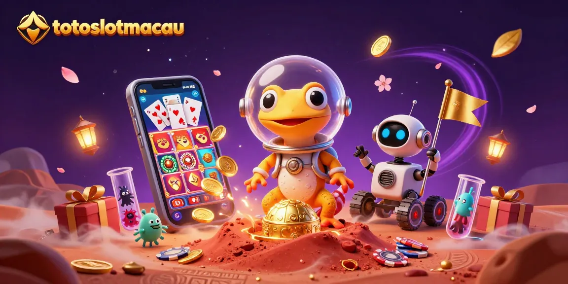 Experience thrilling moments at totoslotmacau with a vibrant scene depicting a Martian gecko discovering treasure.