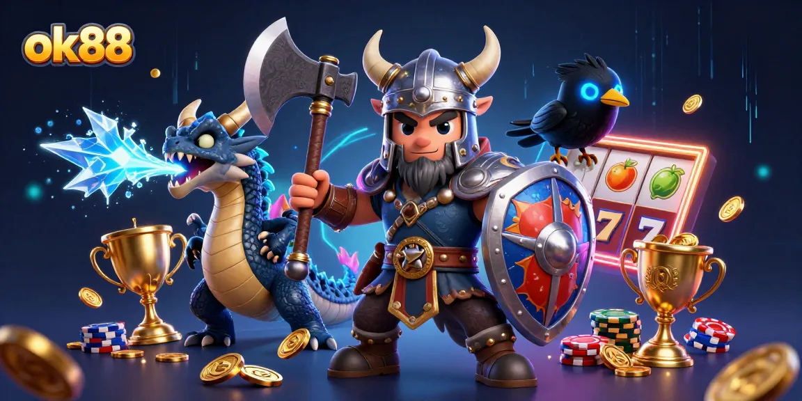 Engage with the thrilling world of ok88 casino featuring Viking-themed characters and slot machine elements.