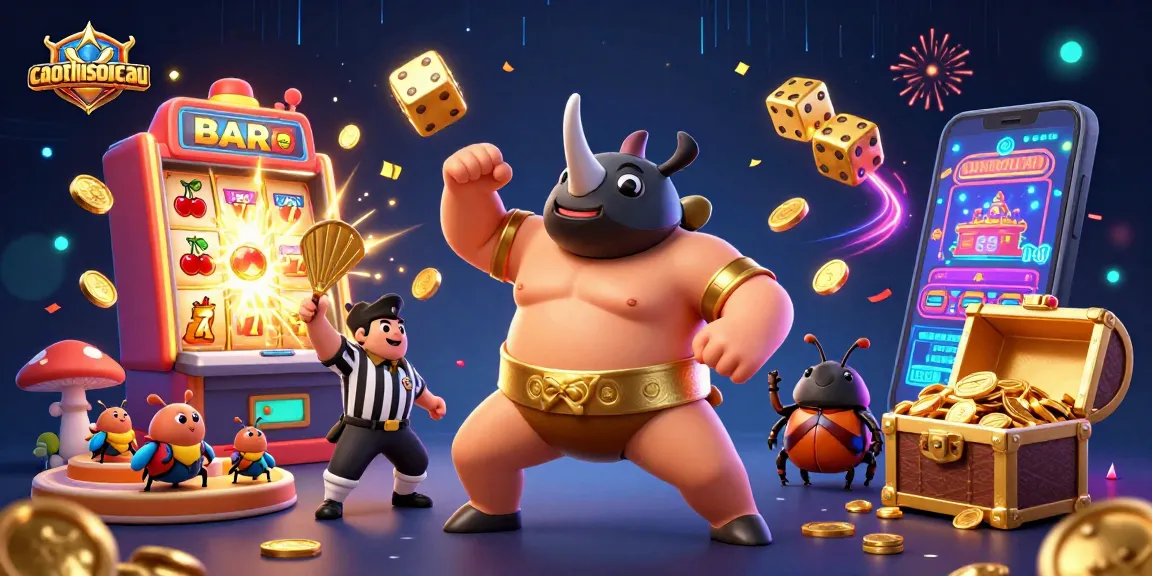 Experience thrilling wins with caothusoicau featuring a sumo beetle champion amidst a vibrant casino scene.