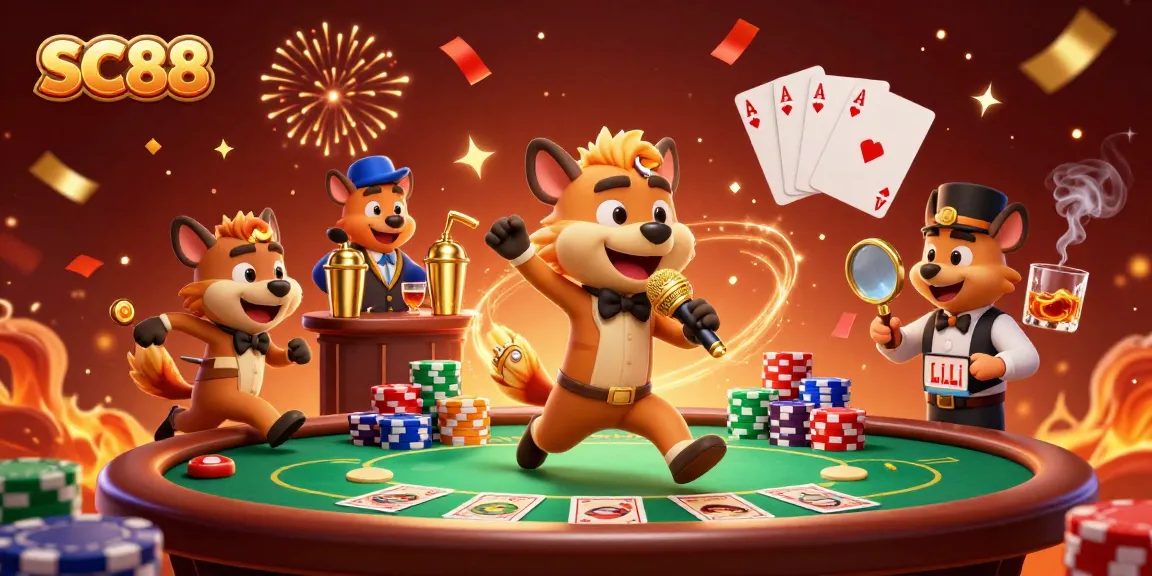 Experience the excitement at SC88 with a 3D hyena casino scene filled with poker action and vibrant atmosphere.