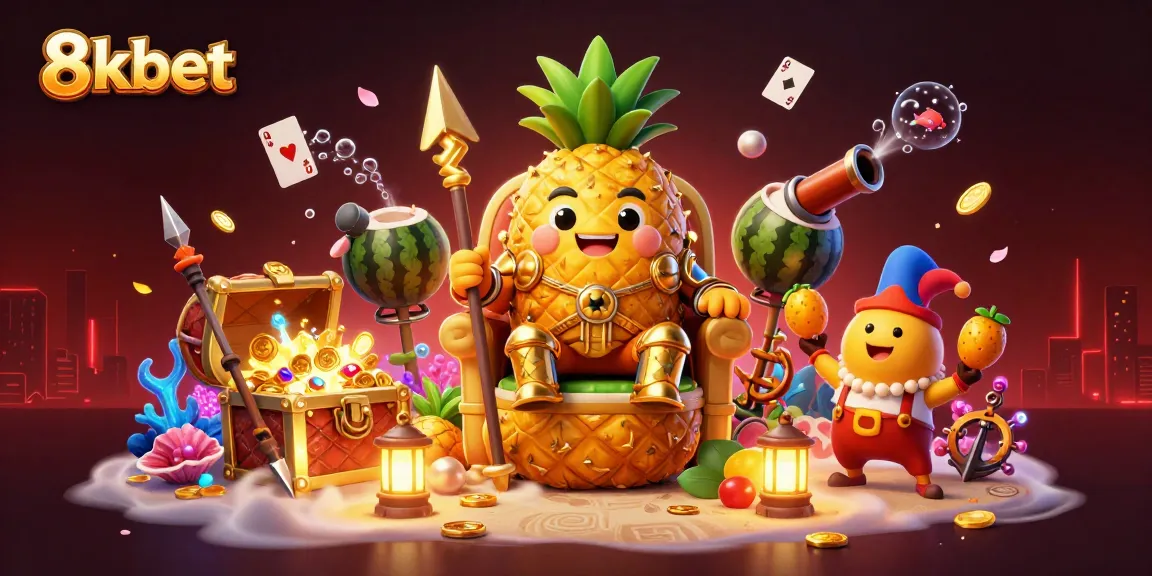 Engage in 8xbet's vibrant casino adventure with a golden pineapple king amidst treasures and excitement.