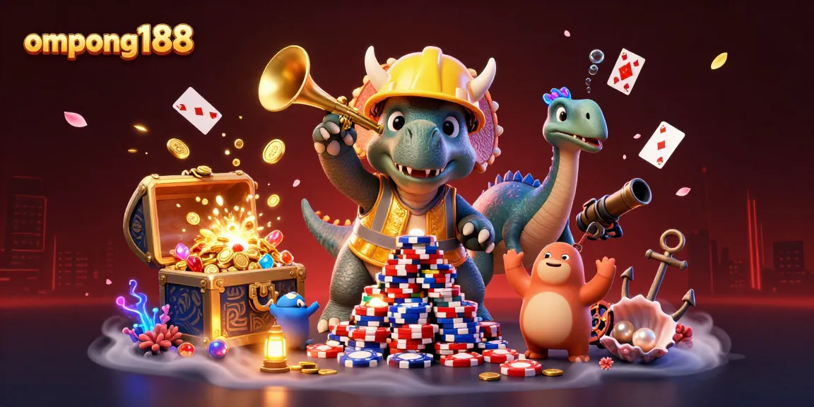 Ompong188 menyajikan suasana meriah dengan dinosaurus kartun dan harta karun kasino dalam ilustrasi 3D