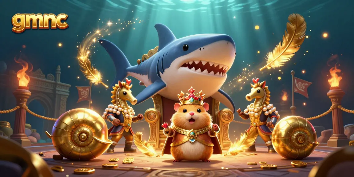 Experience the vibrant gmnc casino world with a fierce golden hamster king and seahorse guards amidst sparkling treasures.
